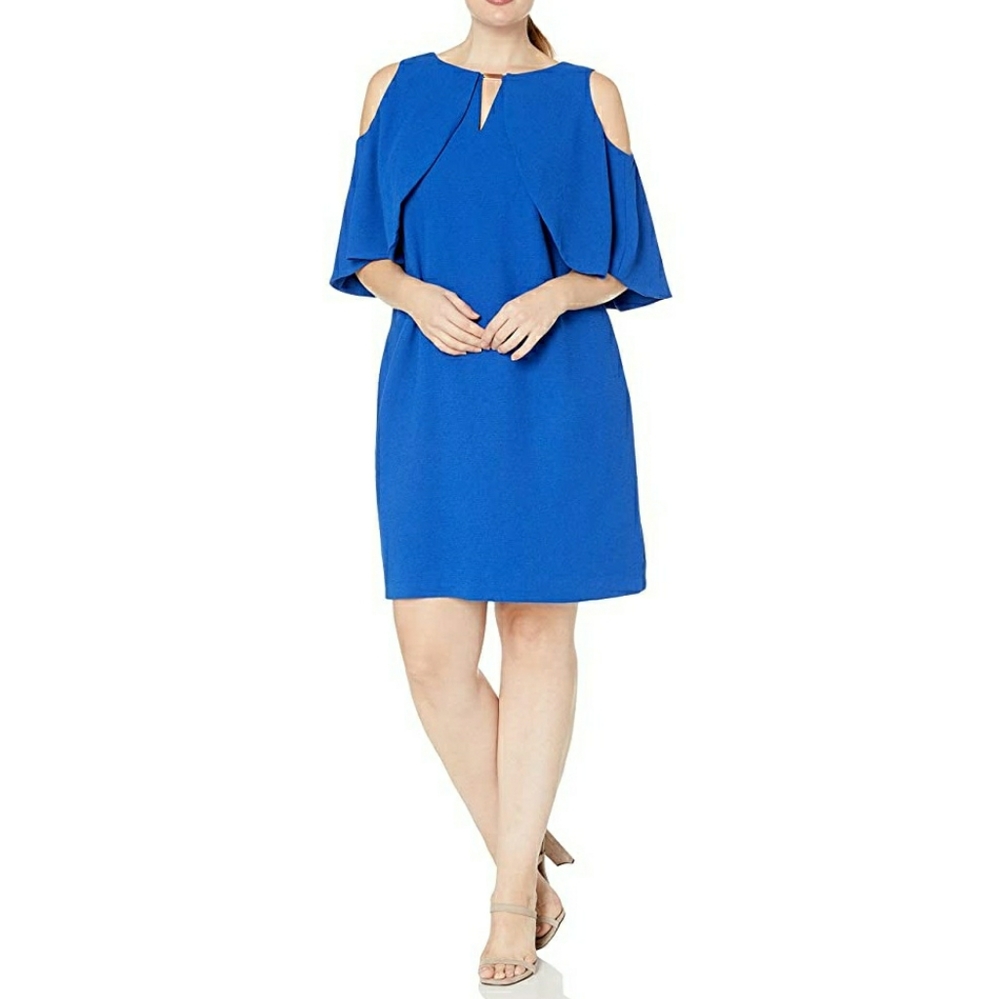 London Times Cold Shoulder Mini Cape Blue Dress